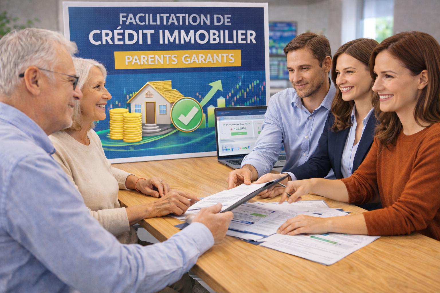 Famille avec parents retraités et enfants discutant d’un crédit immobilier avec deux banquières autour de documents financiers dans une banque.