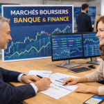 Conseiller financier et cliente analysant des marchés boursiers avec écrans affichant graphiques et données financières en arrière-plan.
