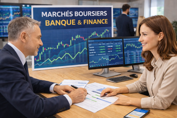 Conseiller financier et cliente analysant des marchés boursiers avec écrans affichant graphiques et données financières en arrière-plan.