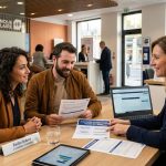 Une conseillère bancaire en rendez-vous avec un couple de clients dans une agence moderne. Ils consultent ensemble des documents sur le rachat de crédit posés sur un bureau en bois avec une tablette et un ordinateur portable.