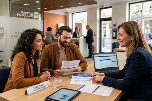 Une conseillère bancaire en rendez-vous avec un couple de clients dans une agence moderne. Ils consultent ensemble des documents sur le rachat de crédit posés sur un bureau en bois avec une tablette et un ordinateur portable.