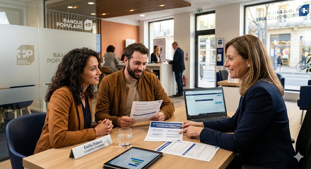 Une conseillère bancaire en rendez-vous avec un couple de clients dans une agence moderne. Ils consultent ensemble des documents sur le rachat de crédit posés sur un bureau en bois avec une tablette et un ordinateur portable.