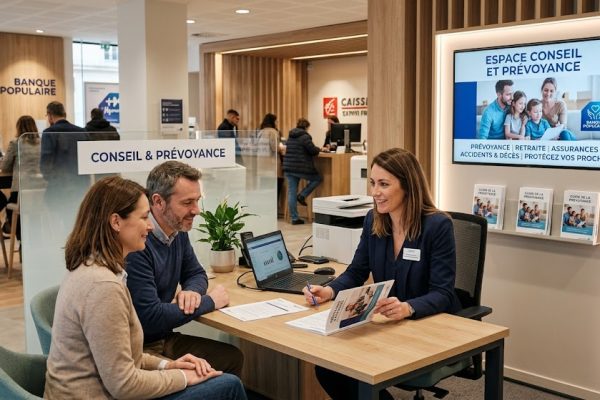 Photo réaliste dans une agence bancaire moderne. Une conseillère en costume bleu sourit à un homme et une femme assis en face d'elle. Ils discutent autour d'un dossier de prévoyance posé sur un bureau en bois clair. À droite, un écran mural affiche un visuel de famille avec le texte "Espace Conseil et Prévoyance". L'arrière-plan montre une agence bancaire active avec d'autres clients et du mobilier contemporain.