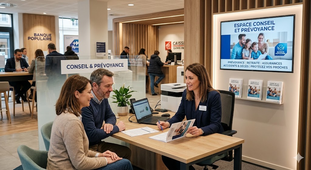 Photo réaliste dans une agence bancaire moderne. Une conseillère en costume bleu sourit à un homme et une femme assis en face d'elle. Ils discutent autour d'un dossier de prévoyance posé sur un bureau en bois clair. À droite, un écran mural affiche un visuel de famille avec le texte "Espace Conseil et Prévoyance". L'arrière-plan montre une agence bancaire active avec d'autres clients et du mobilier contemporain.